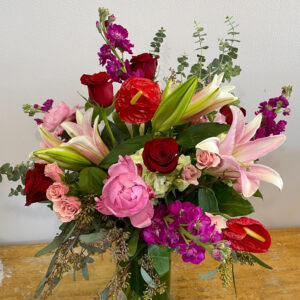 Valentine's bouquet of mixed flowers in a vase